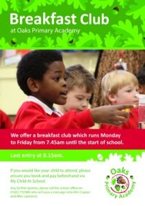 Breakfast Club at Oaks Primary Academy - Monday to Friday from 7.45am.