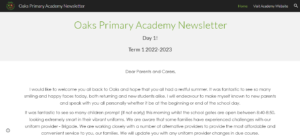 Screenshot of Oaks Primary Academy Newsletter Issue 1 (2022/23)