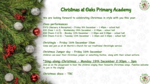 Upcoming Christmas Events 2022 at Oaks Primary Academy.